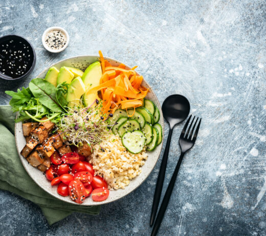 Colorful Buddha Bowl Salad With Tofu And Vegetables